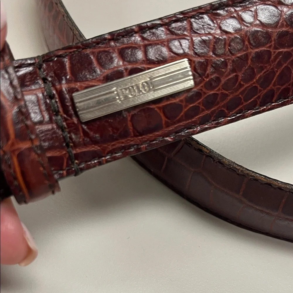 Polo by Ralph Lauren Croc-Embossed Brown Leather Belt with Silver Buckle 42